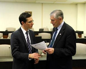 DCEO Acting Director Adam Pollet shows Rep.Pritchard areas of growth and job creation in Illinois economy.