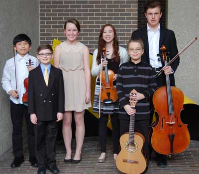 Joon Park, Reilly Farrell, Emma Olson, Madeline Alvendia, Karl Peterson and Kjelden Breidenbach, this year’s NIU Community School of the Arts talent scholarship winners, performed Feb. 15 at the Honors Recital.