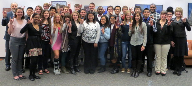 NIU President Doug Baker and First Lady Dana Stover congratulate the 2013-14 class of Research Rookies.