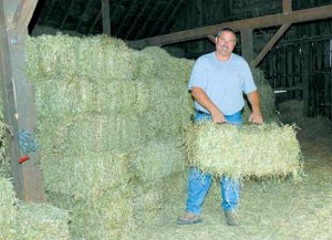 Eric Wackerlin stacks bales in the mow of his barn as the final step of baling hay. Wackerlin grows alfalfa hay on 200 acres in the Hinckley -Waterman area.