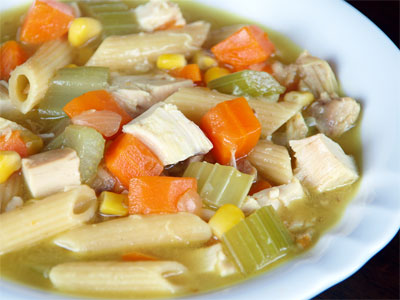 Photo of a bowl of chicken noodle soup