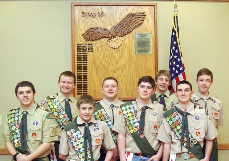 Eight Eagles Group 2015: Photo provided by Janderson Photograpy. Pictured here are the newest Eagle Scouts in Troop 16. Front row, left to right: Alex Conrad, Cole Moon, Joe Nanfria, and Dustin Slider. Back row, left to right: Bradley Ruetten, Jack Daurer, Collin Moon, and Dominic Zibrun.