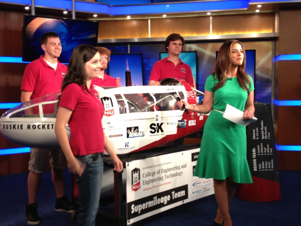 NIU Supermileage Team members Lindsey Dodis, Kevin Kuebrich, Christian McAdoo and Russell Fordyce on the set of WFLD-TV's Good Day Chicago. 